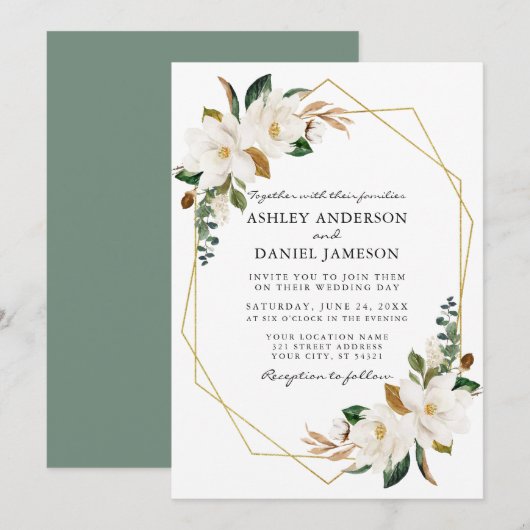 Waterverf White Magnolias Geo Wedding Sage Green Kaart (Voorkant / Achterkant)