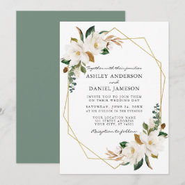 Waterverf White Magnolias Geo Wedding Sage Green Kaart