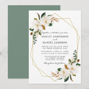 Waterverf White Magnolias Geo Wedding Sage Green Kaart