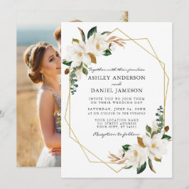 Waterverf White Magnolias Gold Photo Wedding Kaart