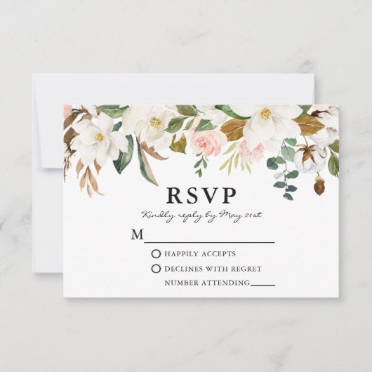 Waterverf White Magnolias Pink Roses Wedding RSVP Kaartje (Voorkant)