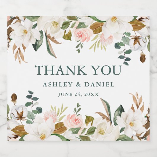 Waterverf White Magnolias Pink Roses Wedding Sparkling Wijnetiket (Enkel label)