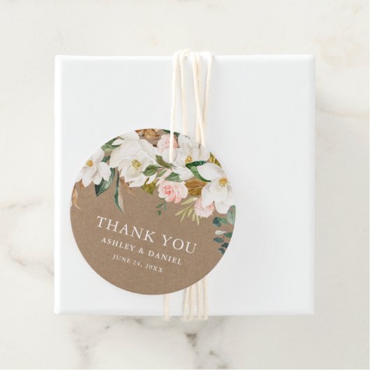 Waterverf White Magnolias Rozen Wedding Kraft Bedankjes Labels (In situ)