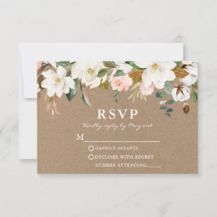 Waterverf White Magnolias Rozen Wedding Kraft RSVP Kaartje