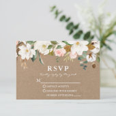 Waterverf White Magnolias Rozen Wedding Kraft RSVP Kaartje (Staand voorkant)