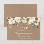 Waterverf White Magnolias Rozen Wedding Kraft RSVP Kaartje (Voorkant / Achterkant)