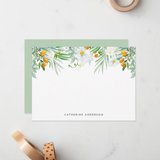 Waterverf White Orchids and Kumquats Stationery Notitiekaartje (Voorkant / Achterkant in situ)
