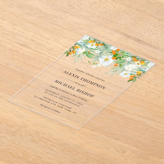 Waterverf White Orchids and Kumquats Wedding Acryl Uitnodigingen (Laagn)