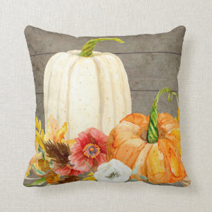 Waterverf White Pumpkin Red Poppy Herfst Leaf Wood Kussen