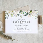 Waterverf White Rose en Hydrangea Baby Brunch Kaart<br><div class="desc">Nodig gasten uit voor uw evenement met deze aanpasbare baby brunch uitnodiging. Het beschikt over waterverf bloemenslinger van witte hortensia's en rozen met groene accenten. Personaliseer deze waterverf baby brunchuitnodiging door uw gegevens toe te voegen. Deze hortensia baby brunchuitnodiging is ideaal voor lente- en winterse baby showers.</div>