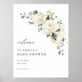 Waterverf White Rose en Hydrangea Baby shower Poster (Voorkant)