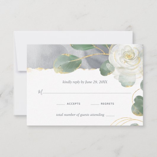 Waterverf White Rose Gold Greenery Floral Wedding RSVP Kaartje (Voorkant)