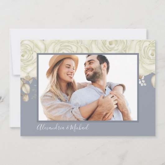 Waterverf White Roses Dusty Blue Elegant Save The Date (Voorkant)