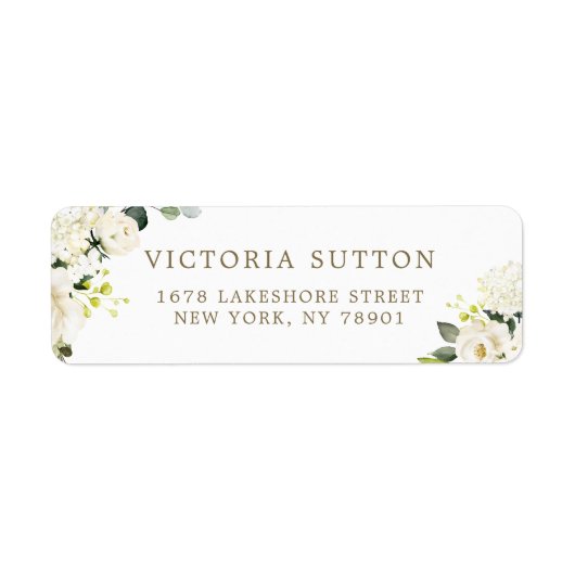 Waterverf White Roses en Hydrangeas Bouquet Etiket (Voorkant)