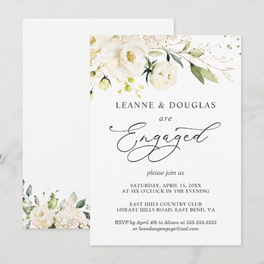 Waterverf White Roses Foliage Engagement Party Kaart (Voorkant / Achterkant)