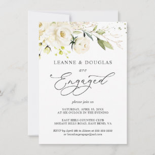 Waterverf White Roses Foliage Engagement Party Kaart