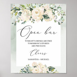 Waterverf white roses greenery foliage boho poster