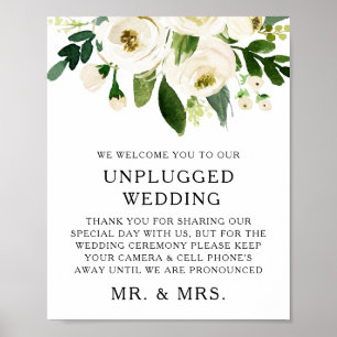 Waterverf White Roses Greenery Unplugged Wedding Poster