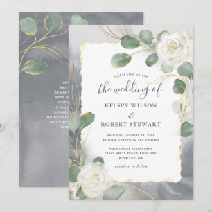 Waterverf White Roses Greenery Wedding Kaart