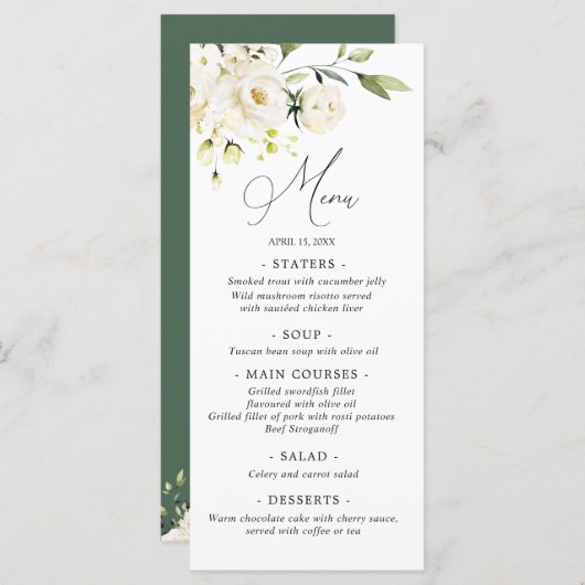 Waterverf White Roses Greenery Wedding Menu (Voorkant / Achterkant)