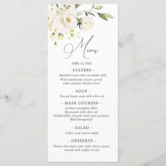 Waterverf White Roses Greenery Wedding Menu (Voorkant)