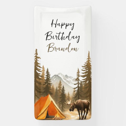 Waterverf White Rustic Woodland Camping Verjaardag Spandoek (Verticaal)
