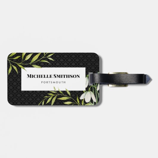 Waterverf White Snowdrups en Laurel Damask Bagagelabel (Achterkant horizontaal)