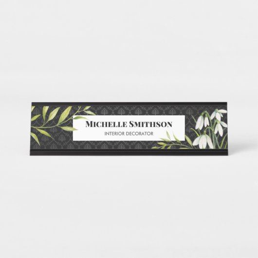 Waterverf White Snowdrups en Laurel Damask Bureau Naambordje (Voorkant)