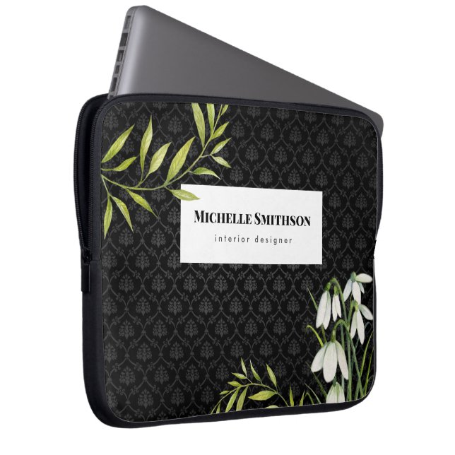 Waterverf White Snowdrups en Laurel Damask Laptop Sleeve (Voorkant Rechts)