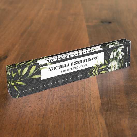 Waterverf White Snowdrups en Laurel Damask Naambordje (Zijkant)