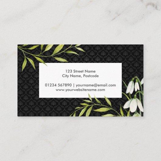 Waterverf White Snowdrups en Laurel Damask Visitekaartje (Achterkant)