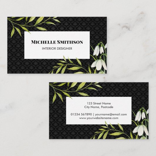 Waterverf White Snowdrups en Laurel Damask Visitekaartje (Voorkant / Achterkant)