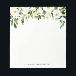 Waterverf White Spring Flowers Aangepaste naam Notitieblok<br><div class="desc">Waterverf White Spring Flowers Gepersonaliseerd Notitieblok | Een elegant en griesachtig notitieblok met witte bloemen en bladeren. Dit zal een perfect vrouwelijk accent zijn voor je kantoor.</div>