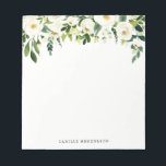 Waterverf White Spring Flowers Aangepaste naam Notitieblok<br><div class="desc">Waterverf White Spring Flowers Gepersonaliseerd Notitieblok | Een elegant en griesachtig notitieblok met witte bloemen en bladeren. Dit zal een perfect vrouwelijk accent zijn voor je kantoor.</div>