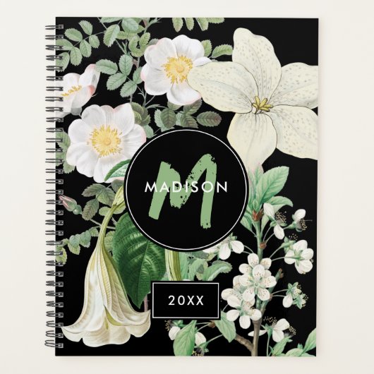 Waterverf White Wildbloemen Sage Green Monogram Planner (Voorkant)