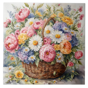 Waterverf Wicker Basket met zomerbloemen Tegeltje
