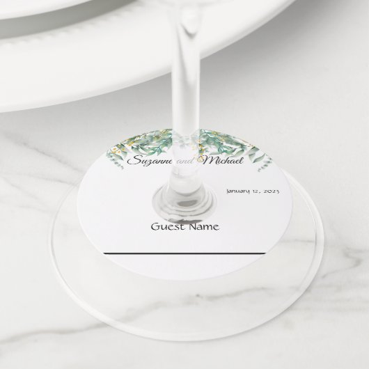 Waterverf wijn met eucalyptus wijnglaslabel (Dichtbij)