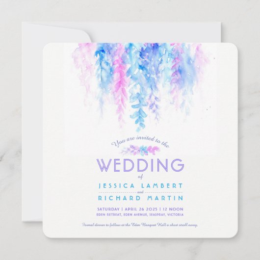 Waterverf wijnblauw paarse vierkante bruiloft uitn kaart (Voorkant)
