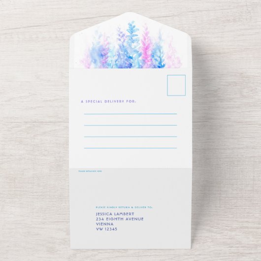 Waterverf wijnblauw roze paarse maaltijd RSVP All In One Uitnodiging (Buitenkant)