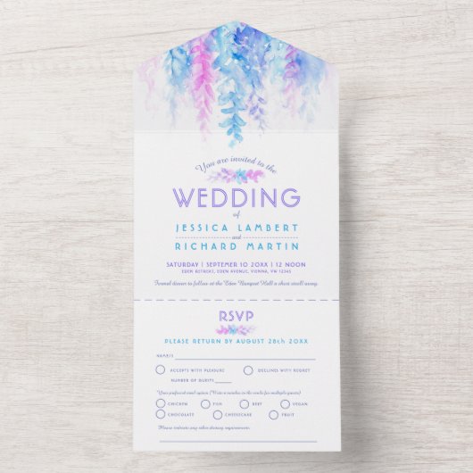 Waterverf wijnblauw roze paarse maaltijd RSVP All In One Uitnodiging (Binnen)