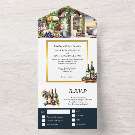 Waterverf wijngaard wijnflessen druiven chic all in one uitnodiging (Binnen)