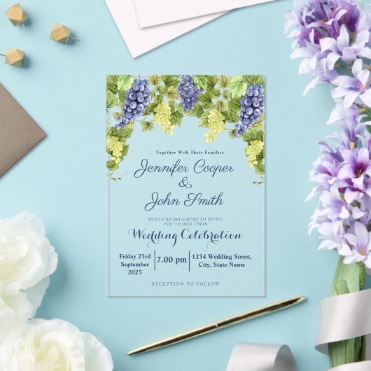 Waterverf wijnmakerij druivenstokken wijngaard bru acryl uitnodigingen (Insitu (Huwelijk))