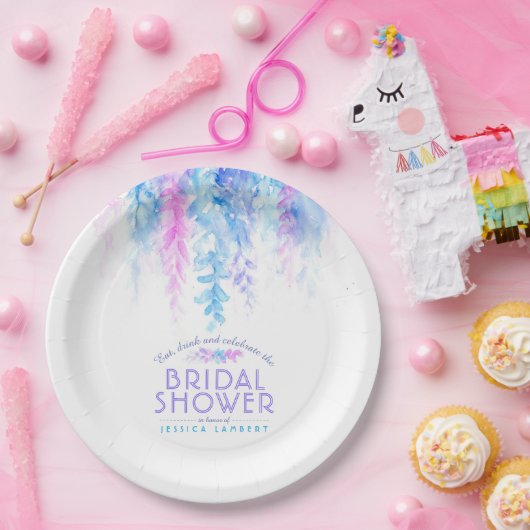 Waterverf wijnstok bloemenblauw paarse vrijgezelle papieren bordje (Feest)