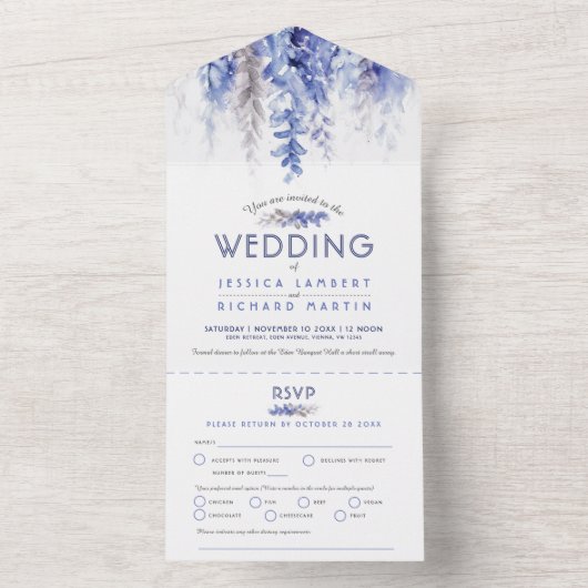 Waterverf wijnstok donkerblauw grijs winterbruilof all in one uitnodiging (Binnen)