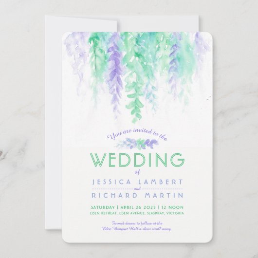 Waterverf wijnstok groen paarse bruiloft uitnodigi kaart (Voorkant)