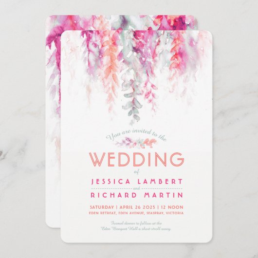 Waterverf wijnstok koraal groen roze rood bruiloft kaart (Voorkant / Achterkant)