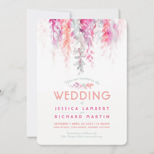 Waterverf wijnstok koraal groen roze rood bruiloft kaart (Voorkant)