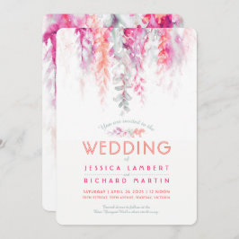 Waterverf wijnstok koraal groen roze rood bruiloft kaart