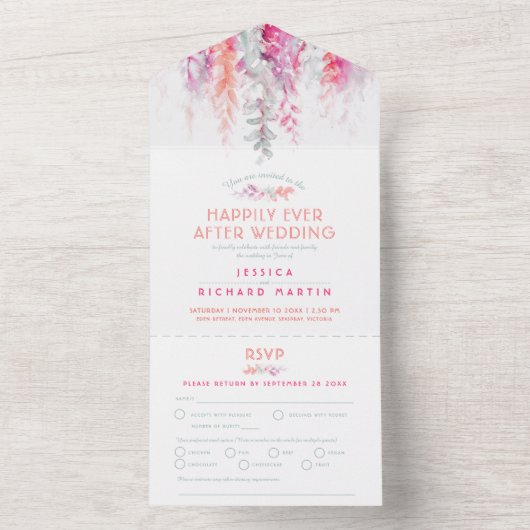 Waterverf Wijnstok Koraal Wijze Trouwen Na Feest All In One Uitnodiging (Binnen)