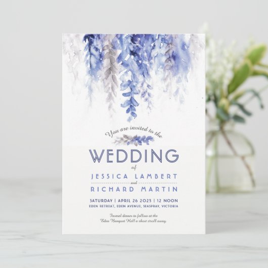 Waterverf wijnstok winter bruiloft blauw grijs kaart (Staand voorkant)